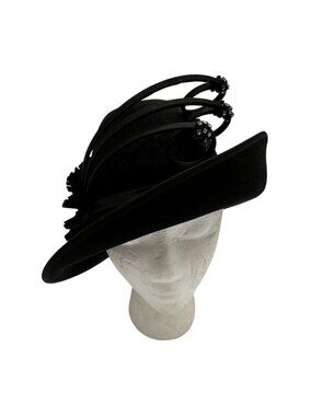 June's Young Womens 100% Wool Decorative Fascinator Hat Black Floral Rhinestone